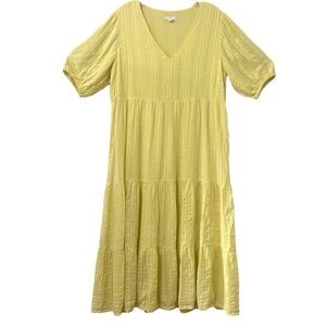 J. Jill Women's Yellow Pineapple Tiered V Neck Cotton Rayon Flowy Dress